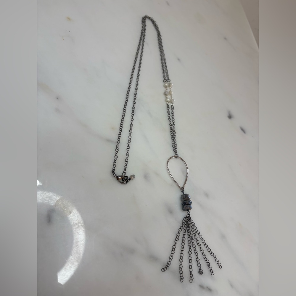 Long Gunmetal 34” Necklace with Pearl Accents & Artisan Boho-style fringe tassel
